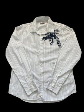 Rare Vintage Brand Men's Striped Button-Down Shirt Navy Eagle Texture Graphic -L